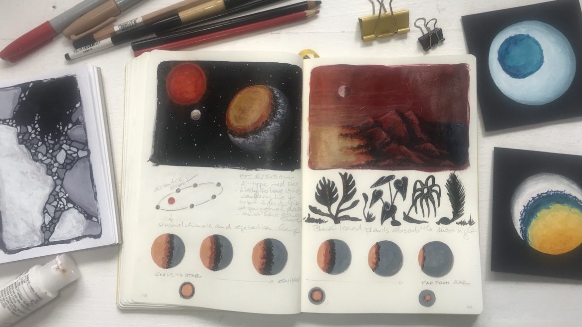 An open sketchbook with illustrations of an eyeball planet